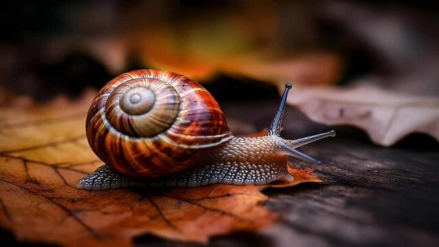 A snail with a spiraled shell is resting on a colorful autumn leaf.