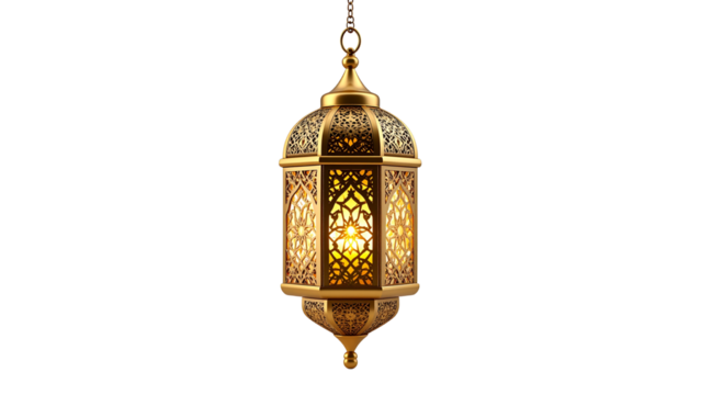 Ornate Moroccan-style brass lantern with intricate geometric patterns and warm glowing light suspended, isolated on a transparent background