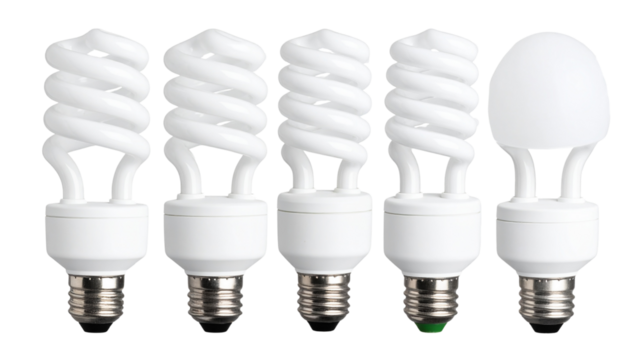 Compact fluorescent light bulbs in various shapes including spiral, globe, and standard with white casing on transparent background for illumination concepts. - Powered by Adobe