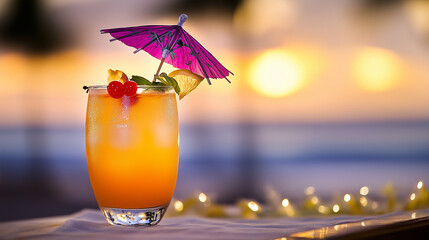 Tropical cocktail with umbrella garnish on beach towel, evoking summer relaxation and vacation vibes