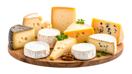 Variety of French cheeses displayed on wooden boards with different shapes and cuts on transparent background for culinary and food styling applications.