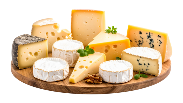 Variety of French cheeses displayed on wooden boards with different shapes and cuts on transparent background for culinary and food styling applications.