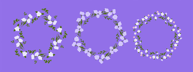 Floral Wreath Frame Collection. Set of three floral wreaths with white, pink and lavender flowers on green leafy branches. Flat hand-drawn style on purple background.