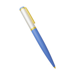3D illustration of a modern ballpoint pen with blue and yellow design, ideal for stationery, writing, office, and school supplies. Clean and minimalist style.