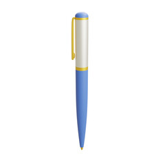 3D illustration of a modern ballpoint pen with blue and yellow design, ideal for stationery, writing, office, and school supplies. Clean and minimalist style.