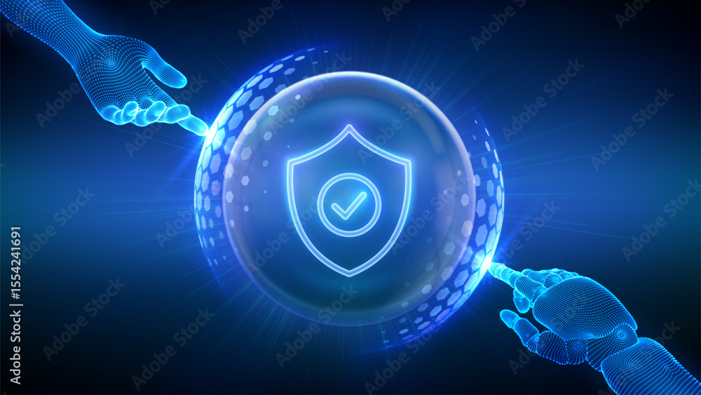 Poster protection. cyber security. network safety. insurance. hands of robot and human touching protection 