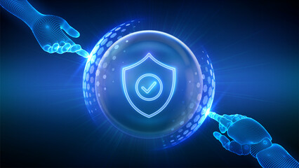 Protection. Cyber security. Network safety. Insurance. Hands of Robot and Human touching Protection shield with Check mark icon inside transparent sphere shield with hexagon pattern. Vector.