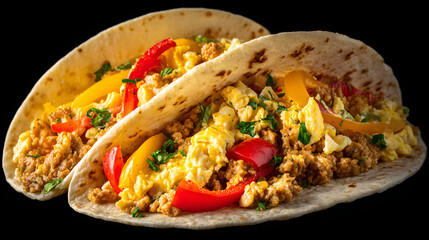 Ultra Realistic and Hyper Detailed Close-Up of Delicious Breakfast Tacos on Black Background