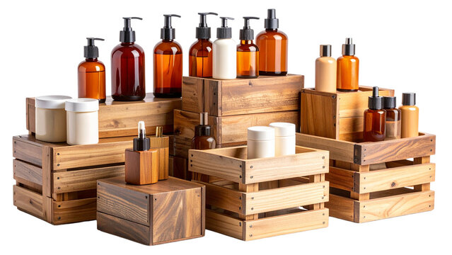Collection of assorted skin care products in various containers arranged on wooden boxes with a transparent background for beauty and wellness themes