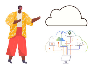 Person gesturing toward a cloud above digital nodes, symbols, and devices. Ideal for technology, cloud computing, digital transformation, innovation, data analysis networking and learning. A simple