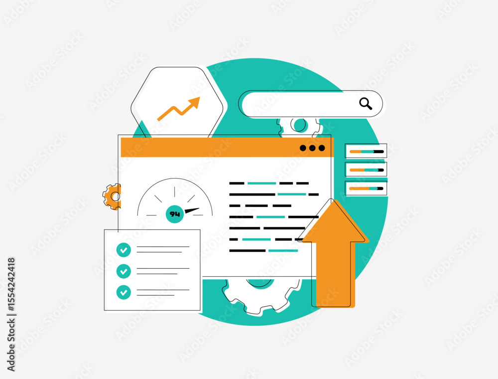 Poster website speed optimization and seo performance audit concept with speed score, checklist, gear and u