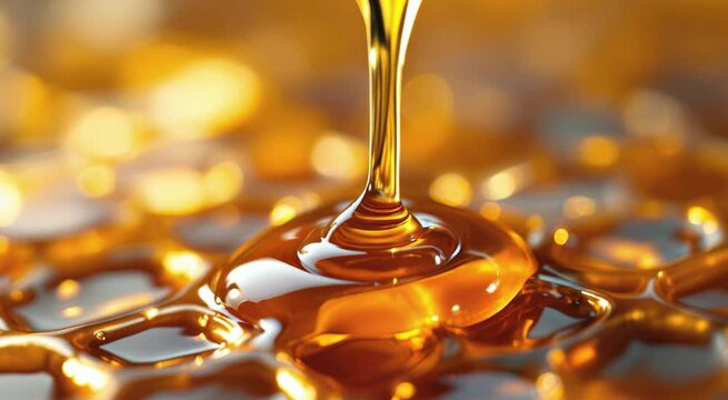 Close up shot of golden honey pouring with an abstract bokeh effect.