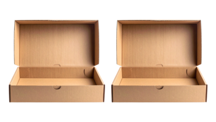 Empty open cardboard pizza box viewed from the front showcasing a plain brown interior and exterior design isolated on a transparent background for versatile use.