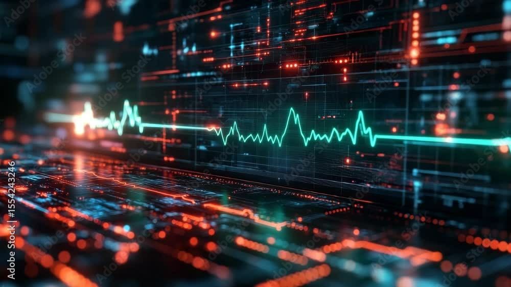 Poster futuristic digital data stream with dynamic data visualization and heartbeat line