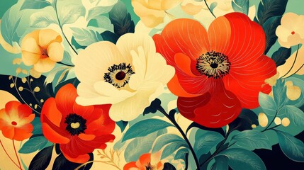 Vibrant floral bouquet illustration with rich colors.