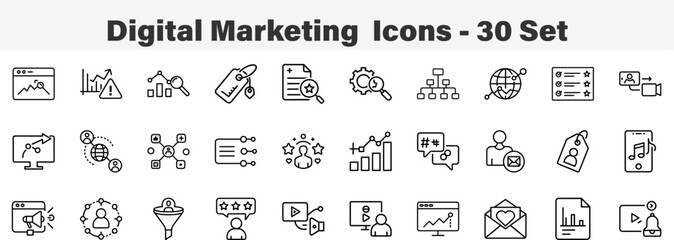 Set of 30 outline Digital Marketing  Icons. Line art icon collection. Editable stroke. Vector illustration