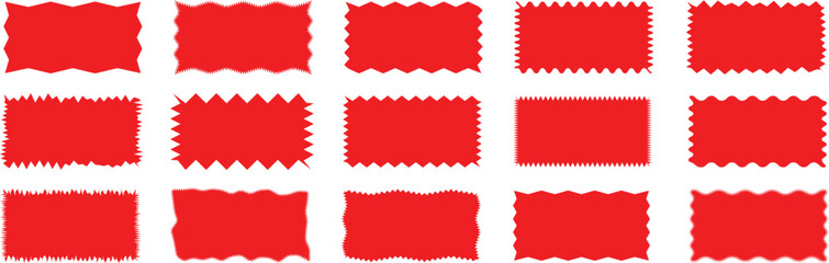 Set of Red Zigzag  Shapes, Rectangle Frame with Zigzag Edge. Vector Red Rectangle, Circle, Square, and Oval Elements for Stickers, Badges, and Labels.