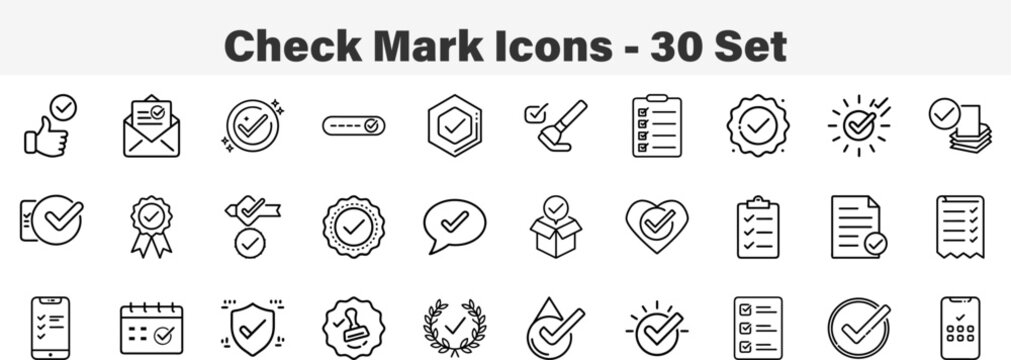 Set of 30 outline Check Mark icons. Line art icon collection. Editable stroke. Vector illustration