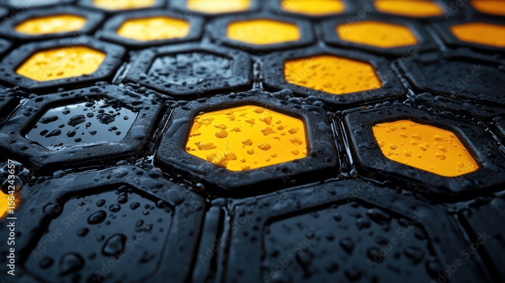 Poster dark wet hexagons shine with bright yellow light in close up view angle.