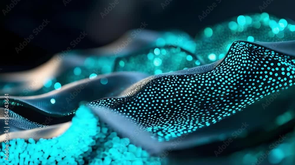 Poster a close-up of a shimmering, textured surface with blue and turquoise dots, creating a fluid and dyna