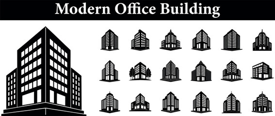 Collection of modern office building silhouettes in black and white isolated on transparent background