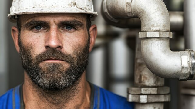A rugged construction worker poses near industrial pipes with hard hat on. - Powered by Adobe