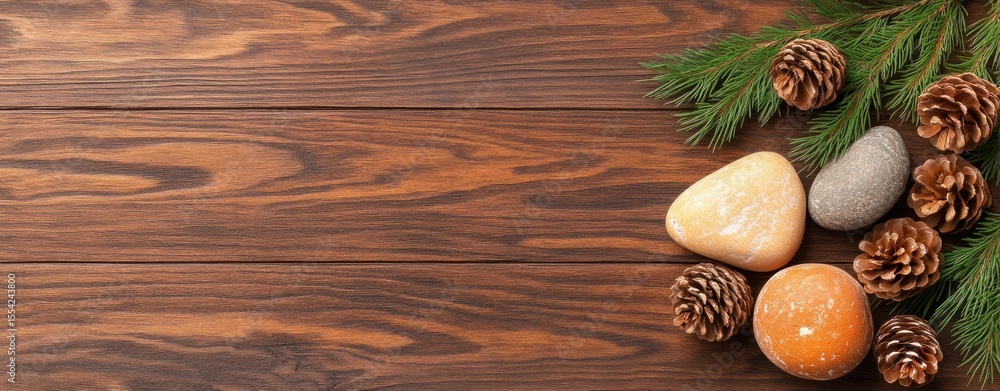 Poster pine branch with cones and stones on rustic wooden background create scene.