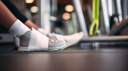 Athlete with injured ankle wrapped in medical tape during workout, sports injury treatment and recovery concept, fitness and healthcare theme.