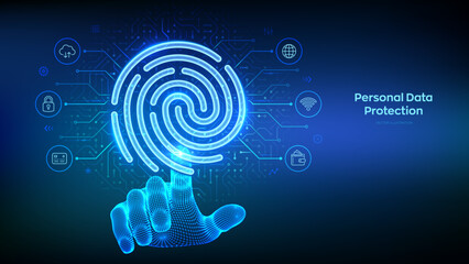 Fingerprint scan. Personal Data protection concept. Cyber Security. Biometrics identification. Password control. Wireframe hand touching digital interface with fingerprint icon. Vector illustration.