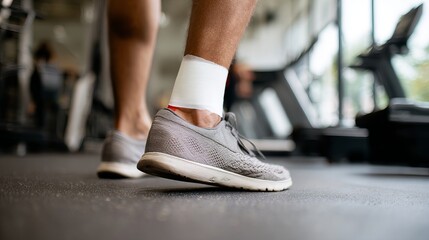 Athlete with injured ankle wrapped in medical tape during workout, sports injury treatment and recovery concept, fitness and healthcare theme.