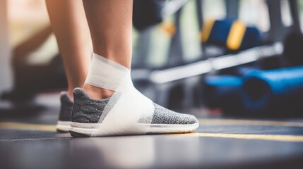 Athlete with injured ankle wrapped in medical tape during workout, sports injury treatment and recovery concept, fitness and healthcare theme.