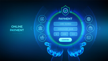 Online payment concept. Online banking digital technology. Online payment via banking application. Online shopping. Financial transaction. Digital interface in wireframe hands. Vector illustration.