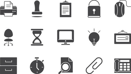 Office Supplies and Equipment Icons A Comprehensive Set of Vector Illustrations for Business and Workplace Designs
