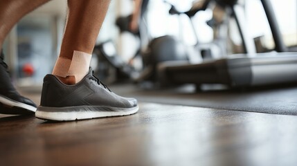 Athlete with injured ankle wrapped in medical tape during workout, sports injury treatment and recovery concept, fitness and healthcare theme.