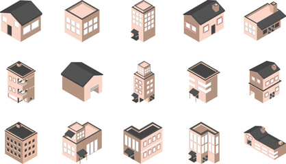 Collection of Isometric Building Icons Houses, Apartments, and More - EPS Vector Graphics