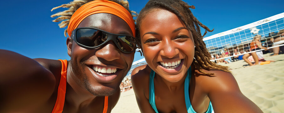 Friends enjoying a sunny day at the beach while playing volleyball and capturing memories with smiles