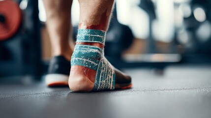 Athlete with injured ankle wrapped in medical tape during workout, sports injury treatment and recovery concept, fitness and healthcare theme.