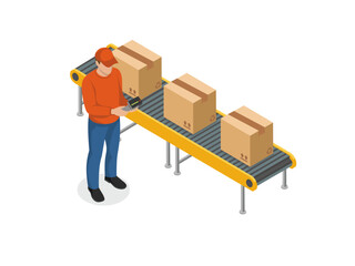 Warehouse Worker Operating Automated Package Sorting Conveyor Belt System in Modern Distribution Center