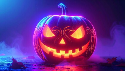 Spooky Glowing Pumpkin in Foggy Night