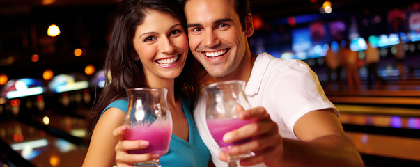 Cheerful couple toasting with colorful drinks in a lively bowling alley at night