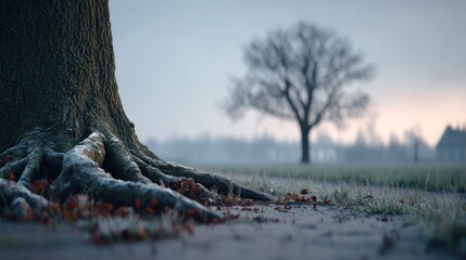 Frozen tree roots in a winter landscape