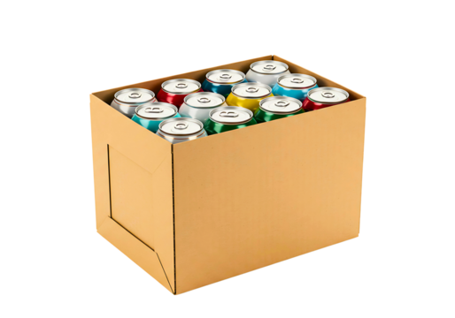 aluminum beverage cans in a cardboard carrier isolated on transparent background