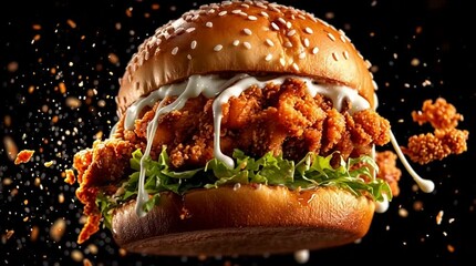 Delicious Chicken Burger with Sesame Bun: A tantalizing close-up showcases a mouthwatering chicken burger, complete with a sesame seed bun, crispy fried chicken, fresh lettuce, and a creamy sauce.