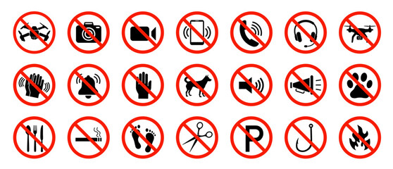 Prohibition signs set. Set of no music, sound, fire, pet, eat . No photos. No noise, disturb or loudly. No drone zone. No fly zone.
