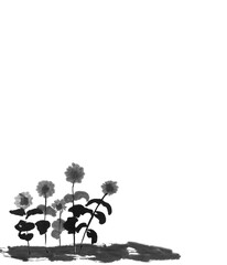 A black and white ink painting of sunflowers