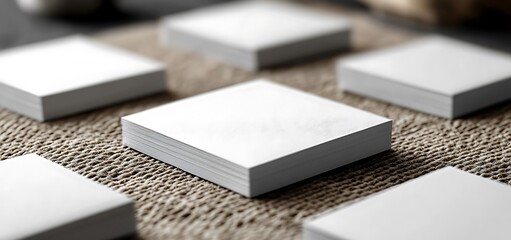 Stacked White Square Paper Coasters on Woven Surface

