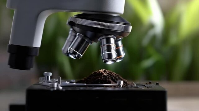 A person examining soil samples under a microscope, focusing on the details of the soil.