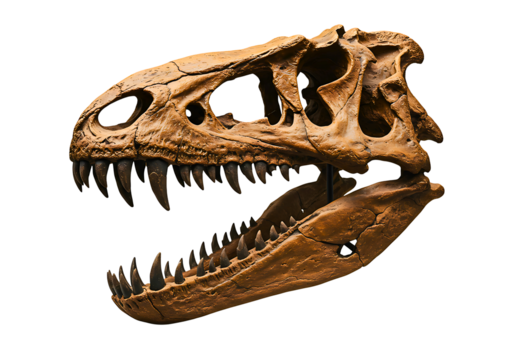 Detailed tyrannosaurus rex skull fossil with sharp teeth 