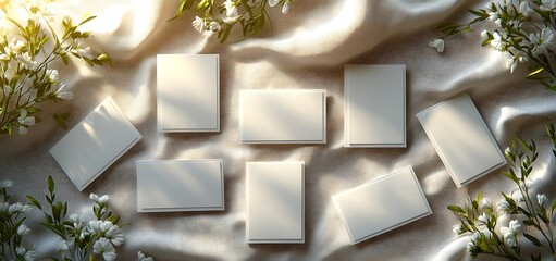 White Card Mockup on Silky Fabric with Flowers and Leaves

