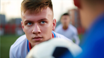 Close-up of a football player in mid-air, making a decisive kick towards the goal, showcasing intense focus and athleticism in a competitive sports moment. Dynamic action and determination